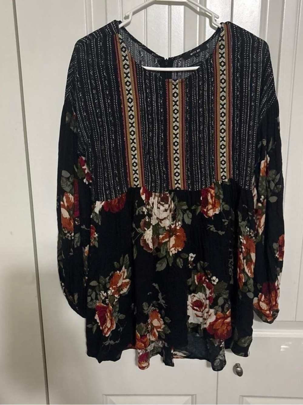 Miss Me Black Floral Boho Tunic with Rust and Olive Accents